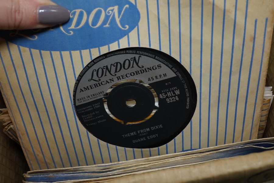 Four boxes of 7 inch singles, all on the London record label, artists include; The Rolling Stones, Ricky Nelson, Duane Eddy, The Ronettes, Roy Orbison, the Crystals, The Ran-Dells, Al Green, Ace Canon, the Willis Brother